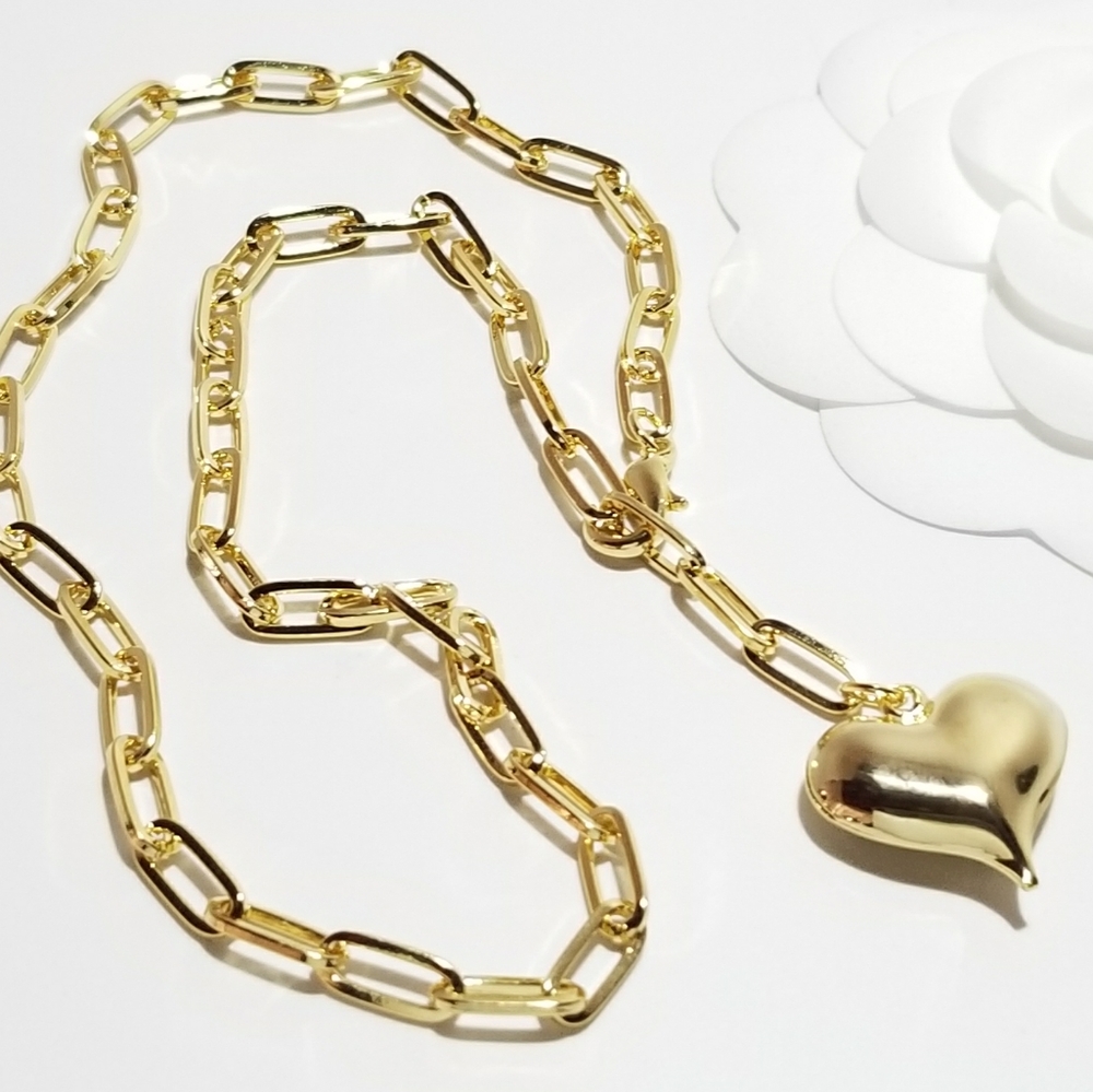 Gold Puff Heart Paperclip Choker Necklace Chain - Picture 1 of 10